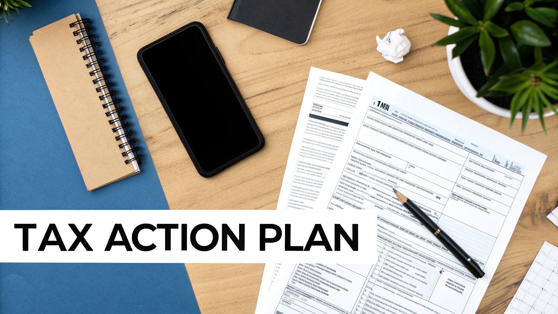 Tax action plan document with smartphone, notebook, and pen on wooden desk workspace