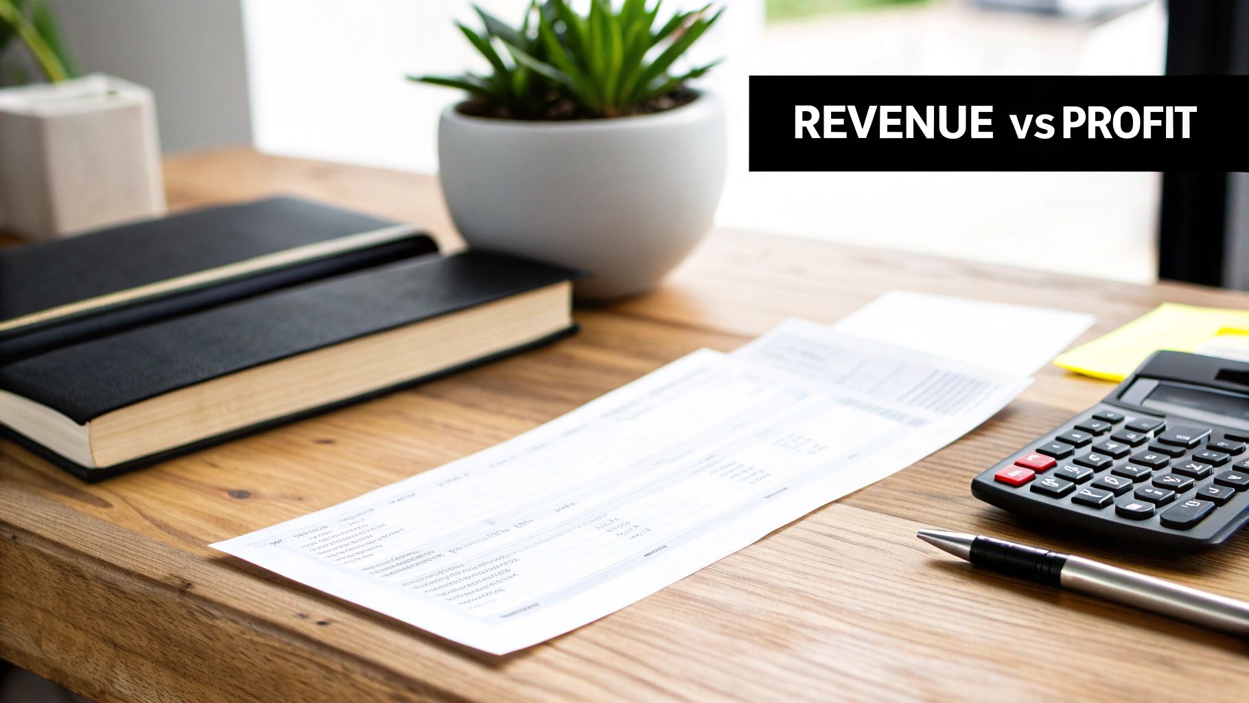 A desk with financial documents, a calculator, pen, and text 'REVENUE vs PROFIT'.