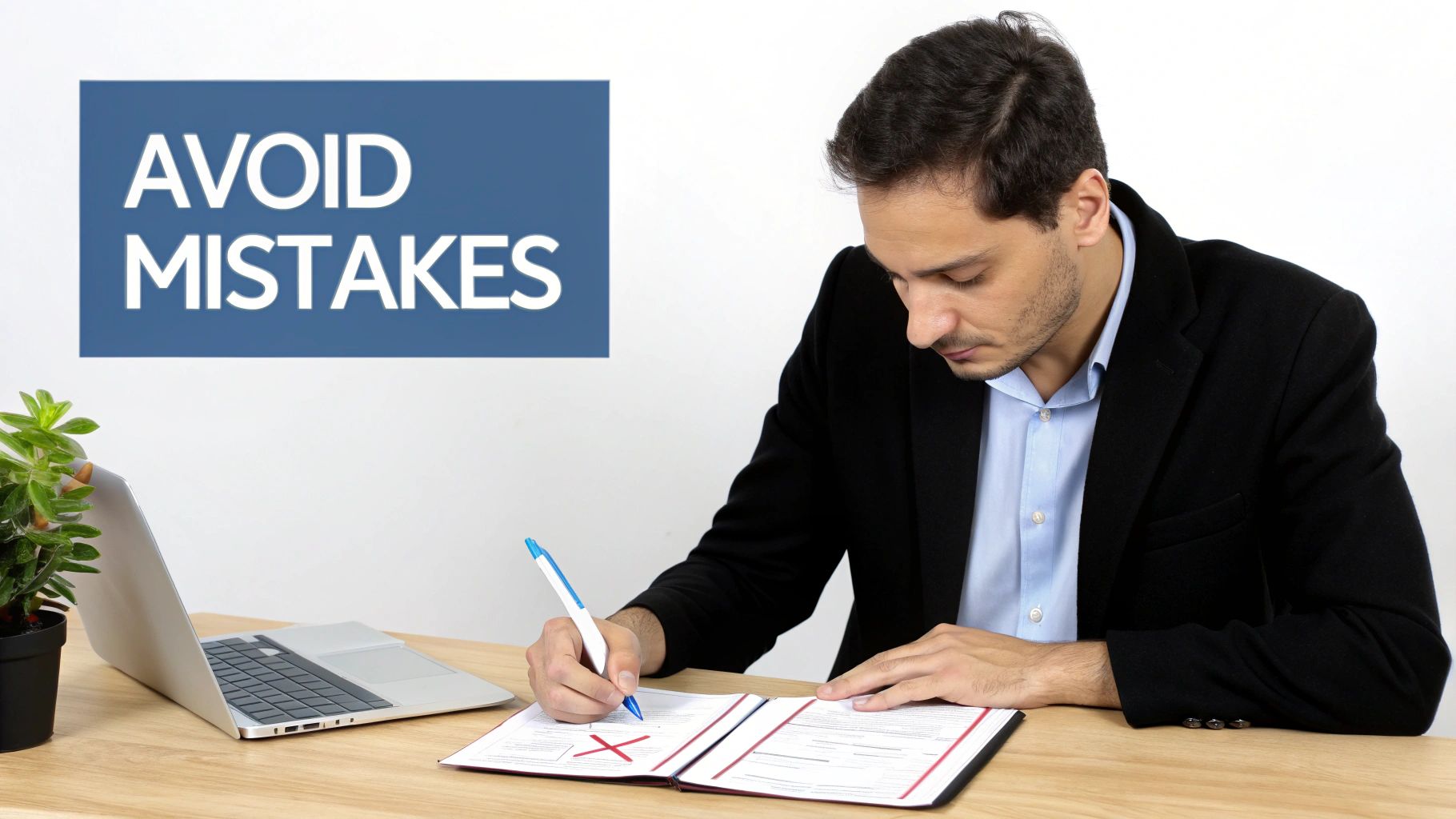 A man in a suit correcting a document with an 'X' mark, with a sign 'AVOID MISTAKES' above.