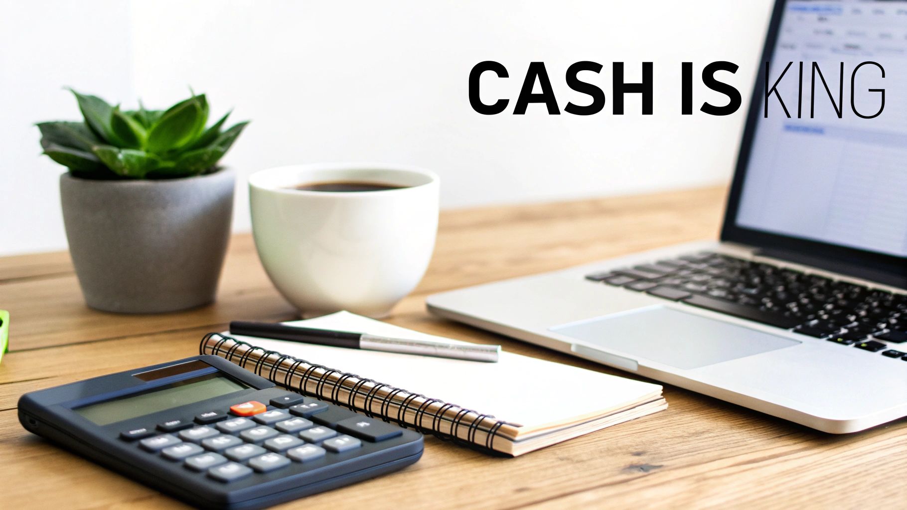 A financial workspace with a calculator, notebook, coffee, plant, and laptop. Text reads 'CASH IS KING'.
