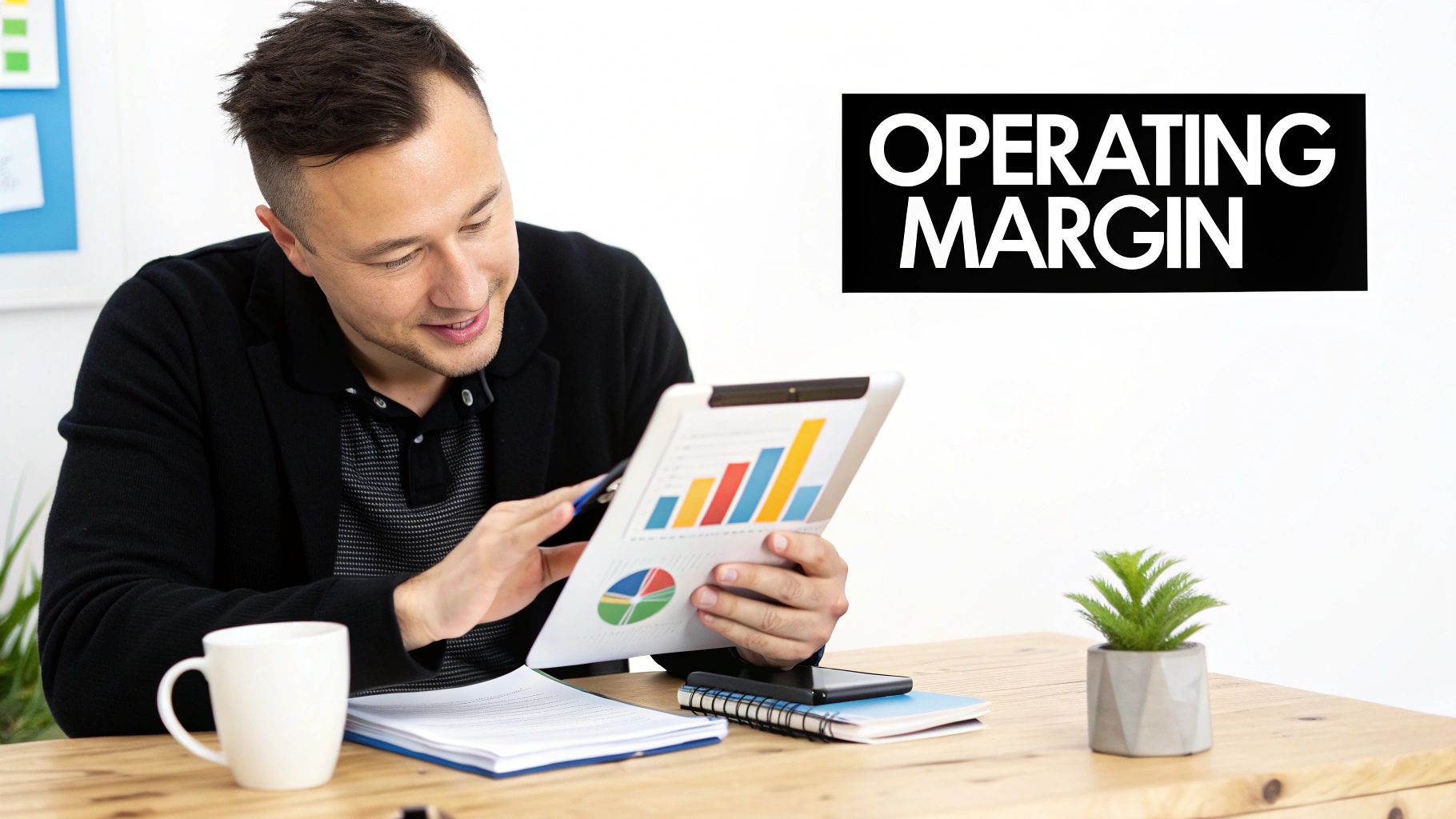 A smiling man reviews business charts on a tablet, with 'OPERATING MARGIN' text clearly visible.