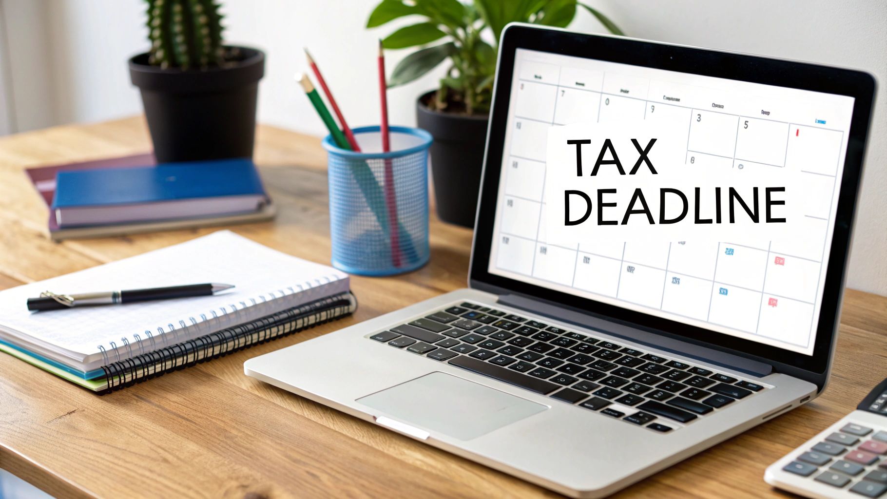 A person at a desk with a calendar, calculator, and laptop, focused on managing their finances.