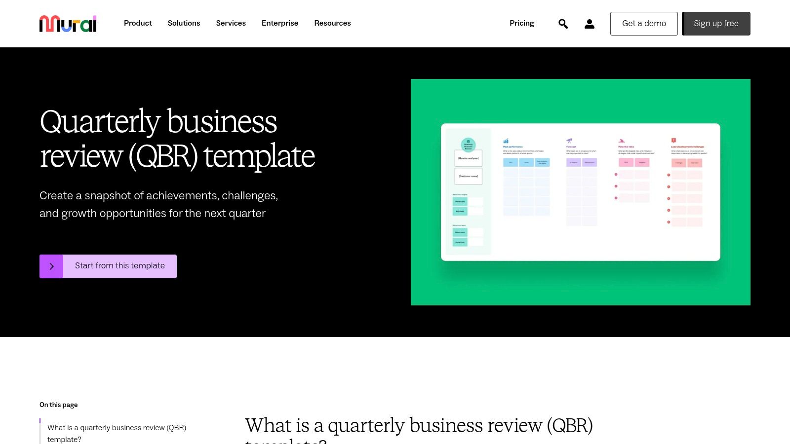 Mural's quarterly business review template showing various sections for collaboration