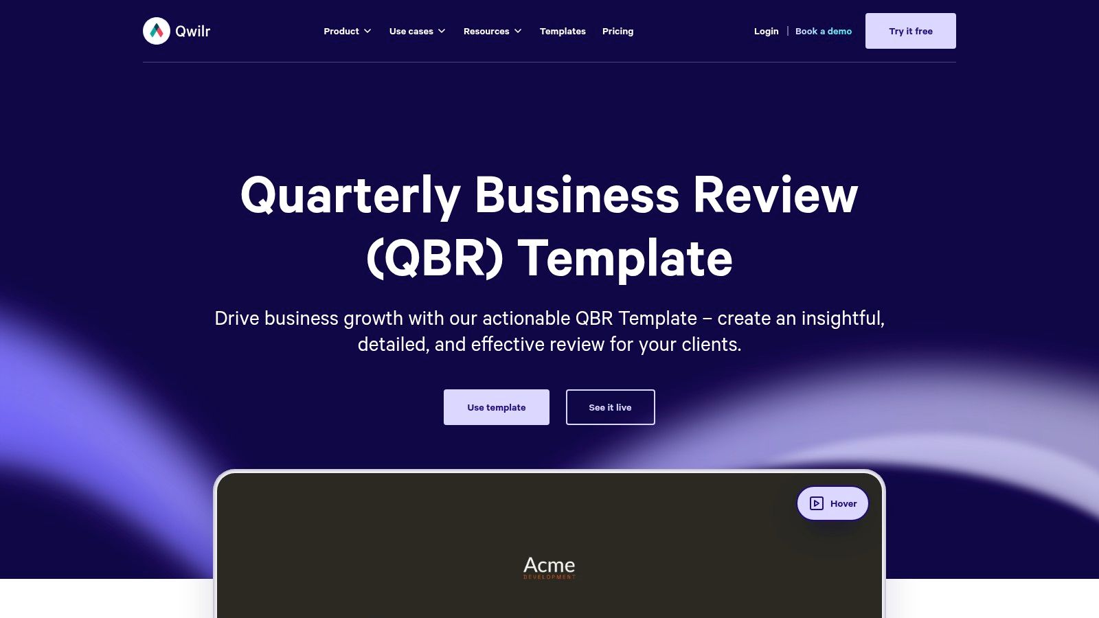 Qwilr's quarterly business review template showing interactive sections and a clean design