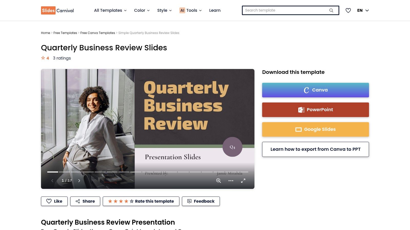 A slide from SlidesCarnival's QBR template showing a clean, professional design for presenting data