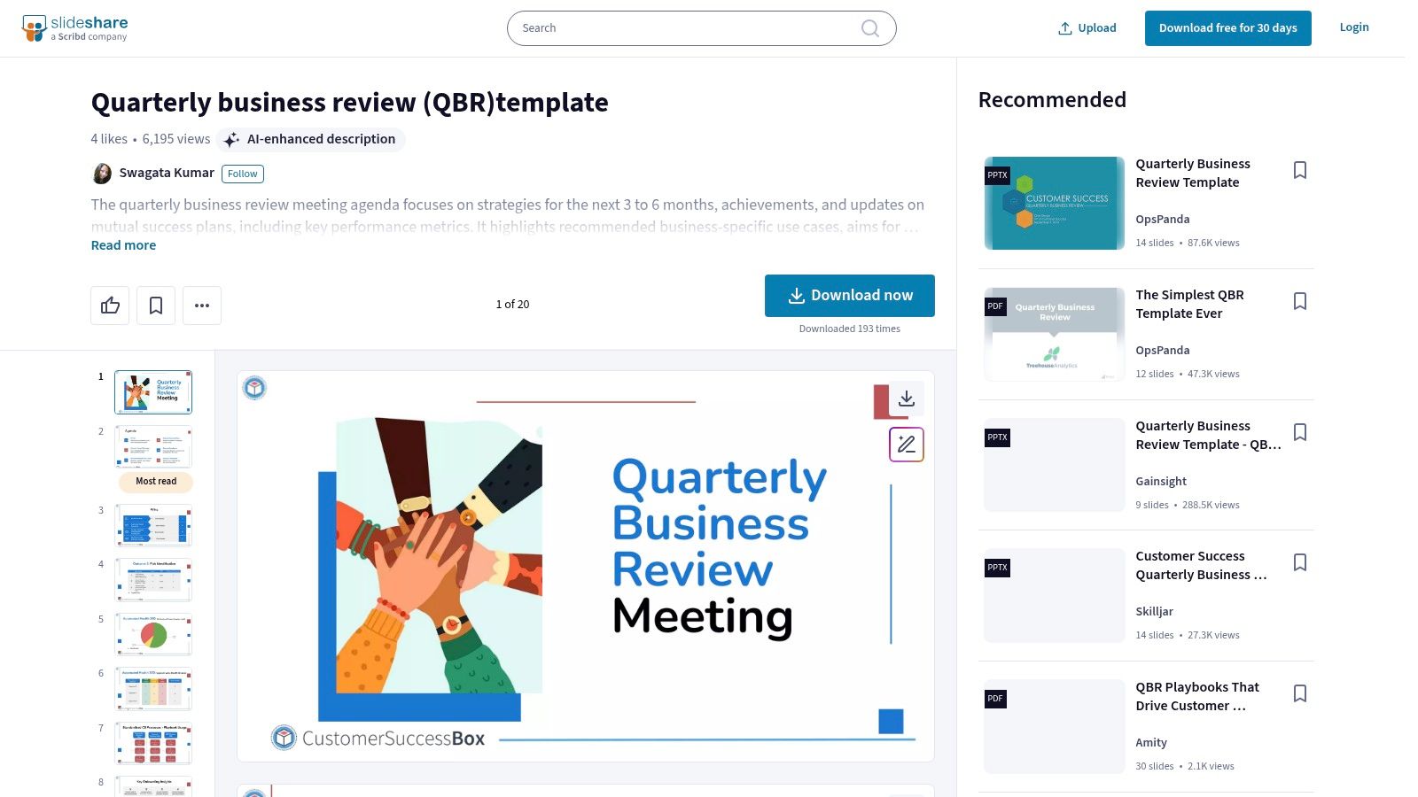 SlideShare's QBR template showing a clear meeting agenda structure