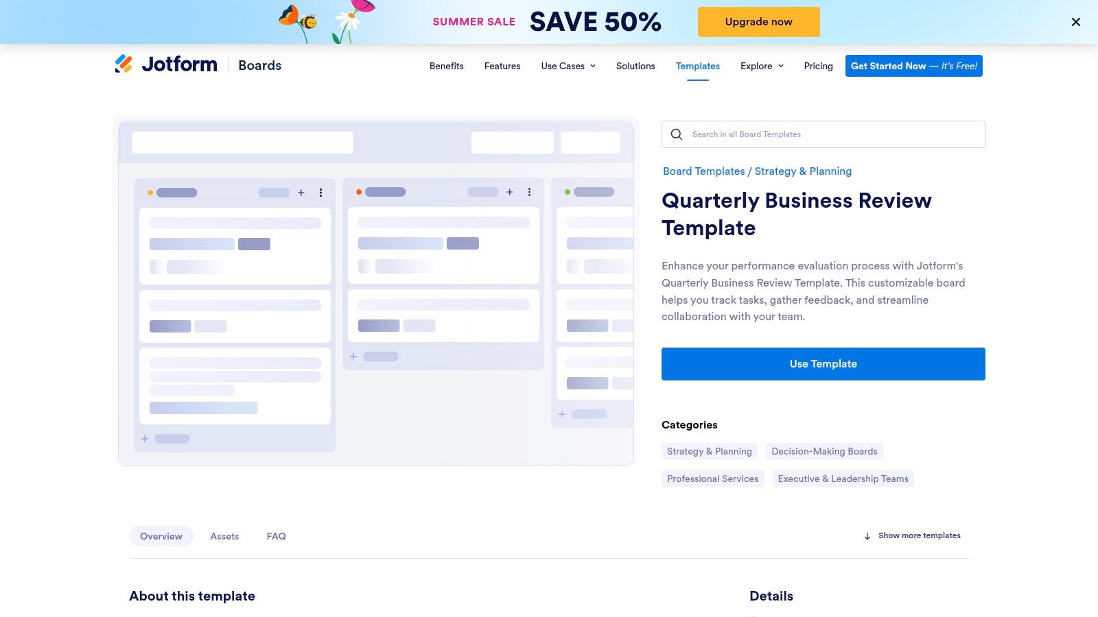 Jotform's quarterly business review template showing a customisable board layout