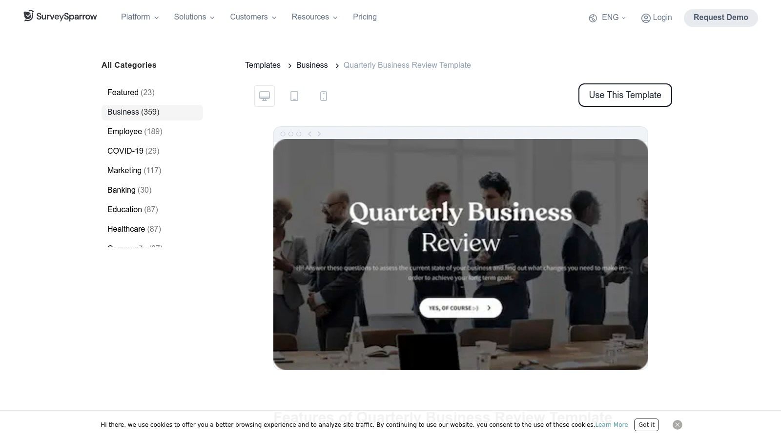 SurveySparrow's quarterly business review template showing a survey-style layout