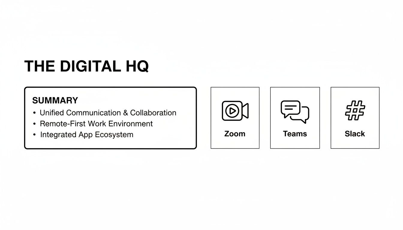 A presentation slide titled 'The Digital HQ' summarizing unified communication, remote work, and integrated app ecosystem, featuring Zoom, Teams, and Slack icons.