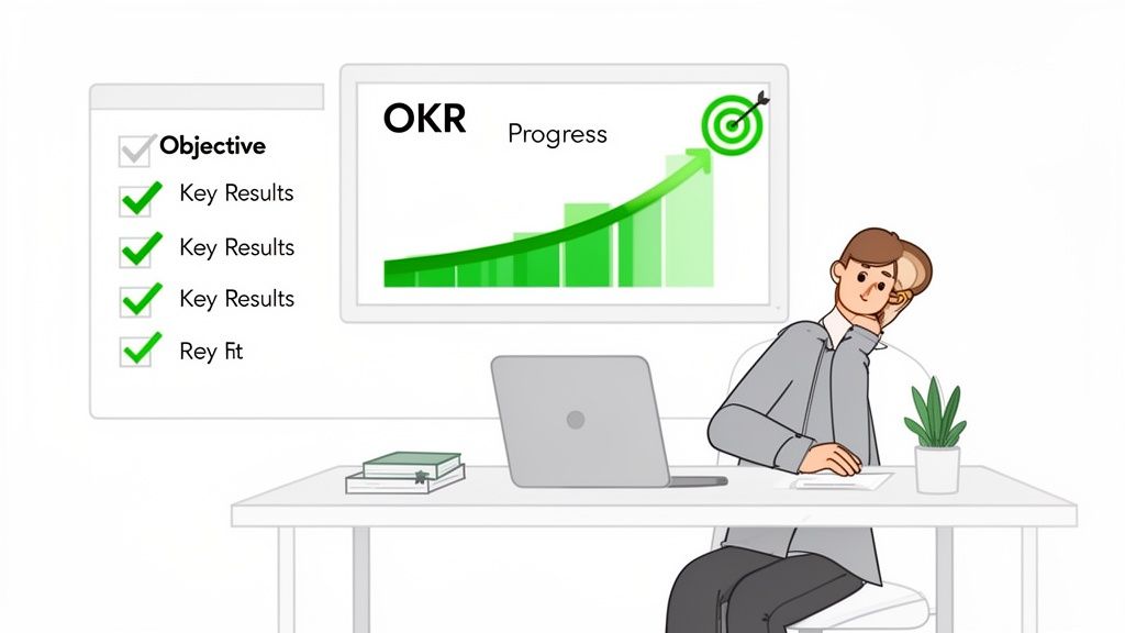 A person at a desk reviewing OKR progress on a monitor and a checklist with objectives and key results.