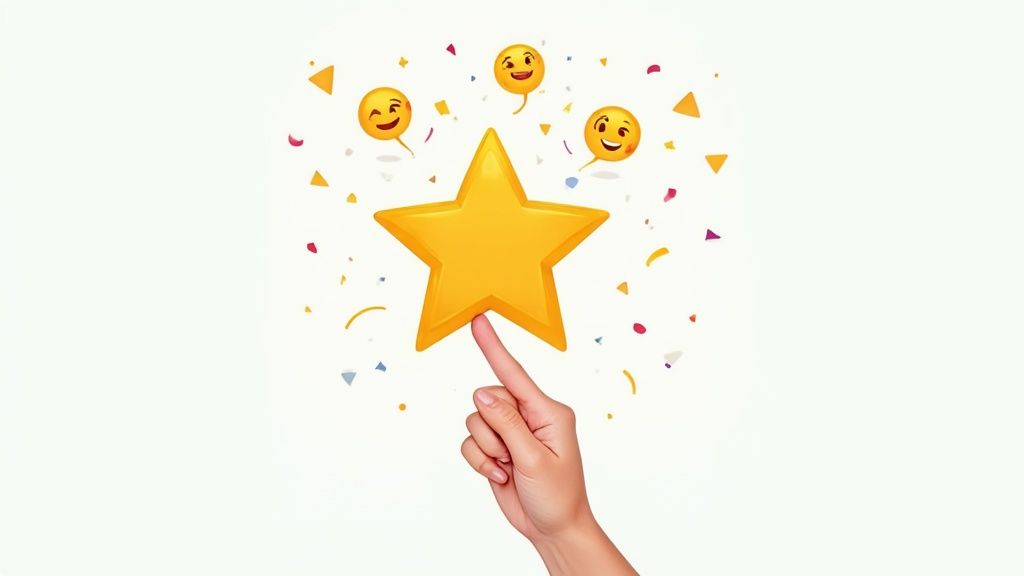 Colleagues in an office celebrating a success, with digital emoji icons overlaid to represent virtual recognition.