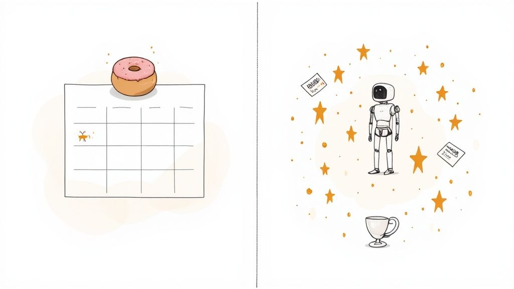 A two-panel image showing a donut on a calendar and a robot surrounded by stars, papers, and a cup.
