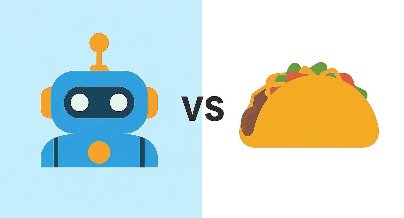 A cartoon blue robot with a head antenna faces a colorful taco, separated by 'VS' text.