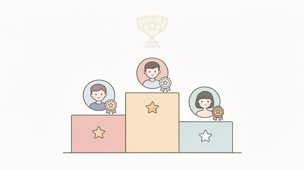 Illustration of a winner's podium with three diverse people receiving medals, symbolizing achievement and recognition.