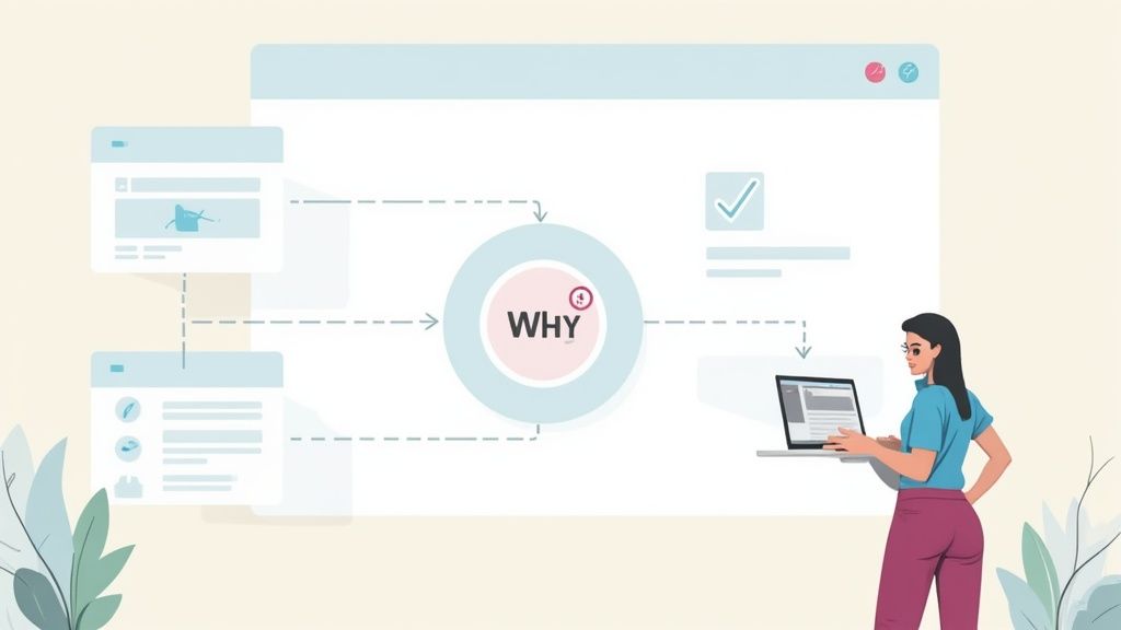 Woman analyzing workflow diagram showing why questions with connected elements on digital interface