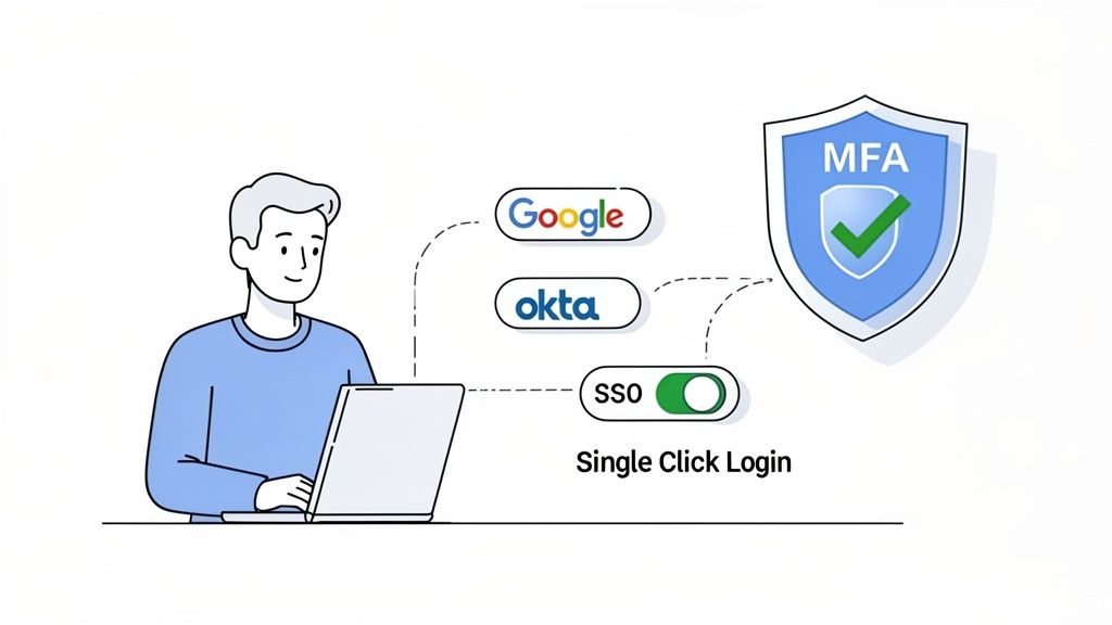 Illustration of a user logging in with Google, Okta, and SSO, featuring MFA security.