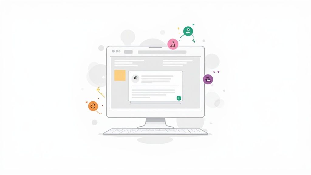 An illustration of a desktop computer displaying a dashboard with various activity icons and notifications.