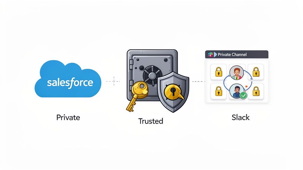 Visual representation of Salesforce and Slack integration, highlighting secure and private data exchange with trusted protection.