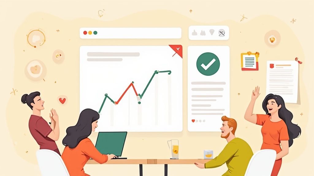 A diverse team celebrates successful business growth shown on a digital dashboard with a rising graph.