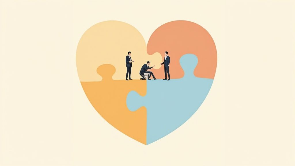 Three businessmen collaborate on a heart-shaped puzzle, symbolizing teamwork and shared goals.