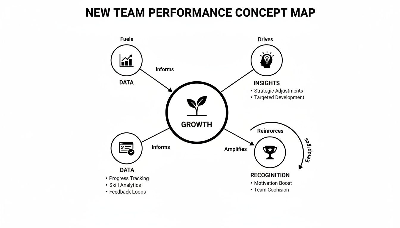 A concept map illustrates new team performance through data, insights, growth, and recognition.