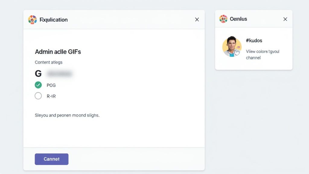 User interface displaying GIF administration settings and a separate 'kudos' notification card.