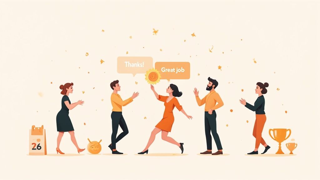 A team celebrating success with awards, speech bubbles, and confetti, indicating positive recognition.