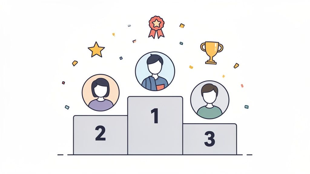 Three avatars on a winner's podium, showing first, second, and third place rankings.