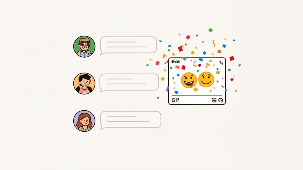 Illustration of a messaging app displaying chat conversations and a GIF of smiling emojis with confetti.