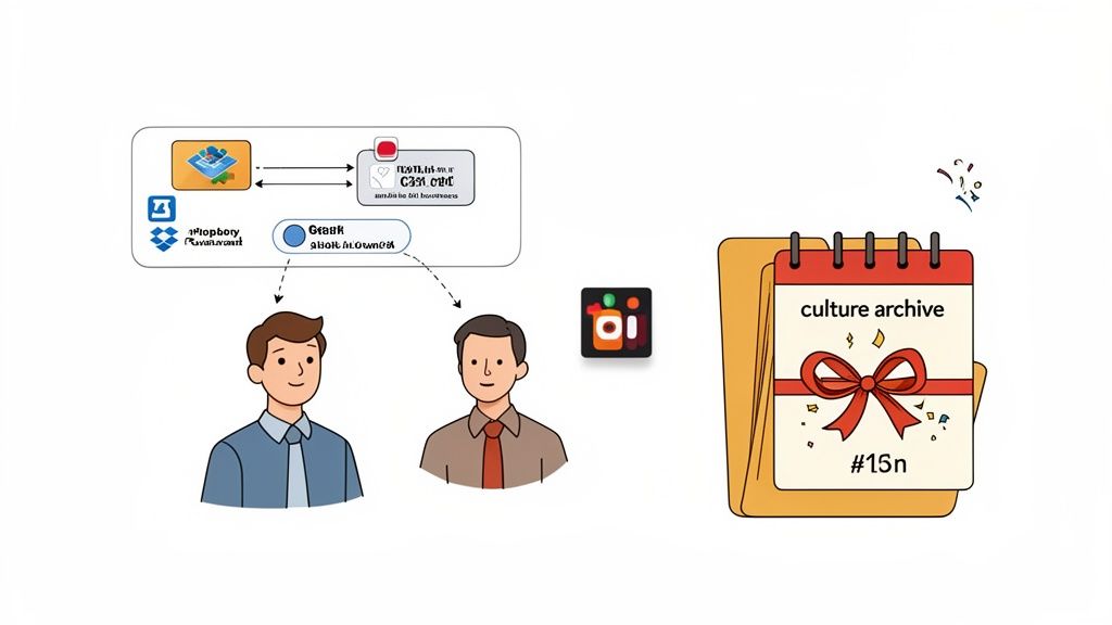 Illustration of two men using Dropbox and Slack integration, creating a 'culture archive' with confetti.
