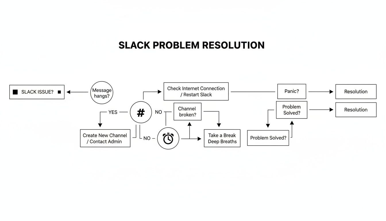 A flowchart detailing Slack problem resolution steps, from initial issue identification to resolution, including internet checks and taking breaks.