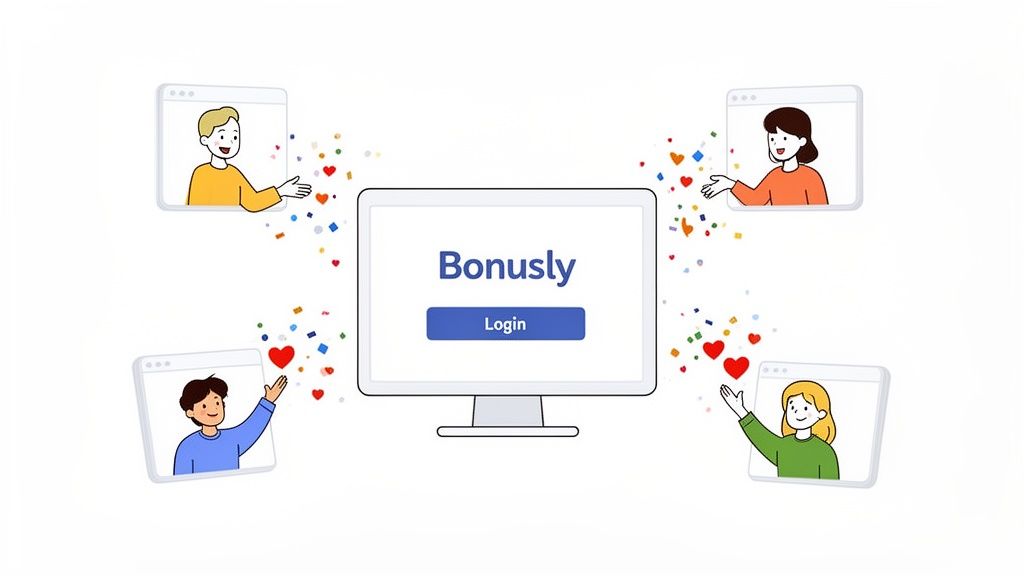 Four people in browser windows celebrating with confetti around a monitor displaying 'Bonusly Login'.