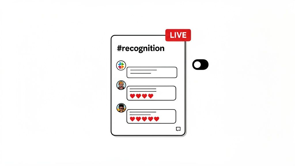 A mobile app interface displaying a #recognition channel with messages and heart reactions, featuring a LIVE badge.