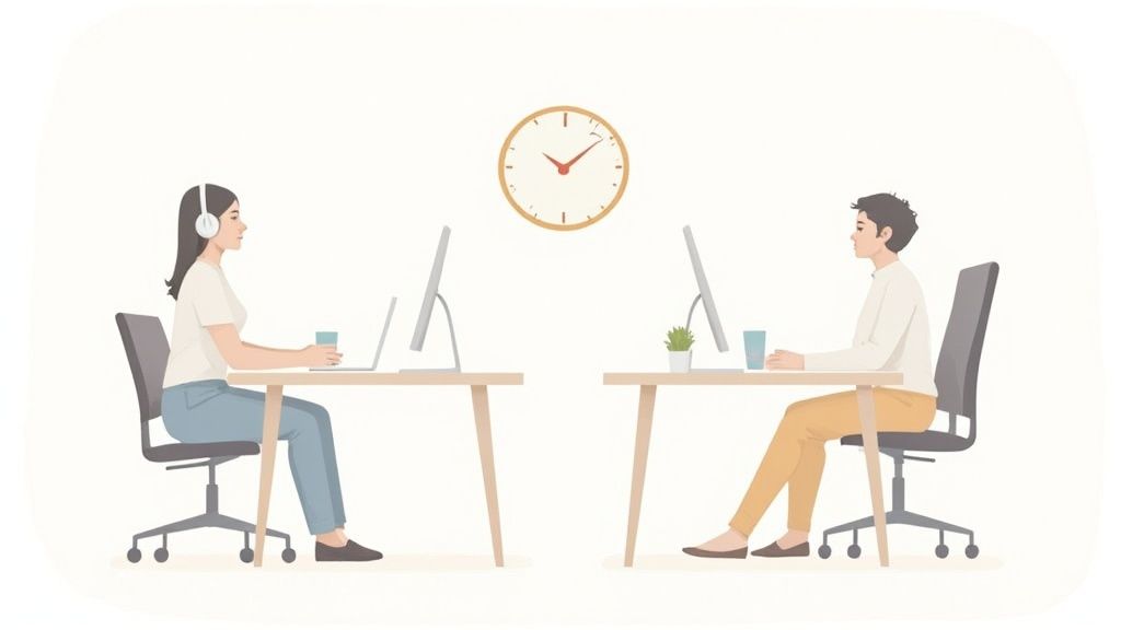 Team members working remotely and collaborating through video calls.