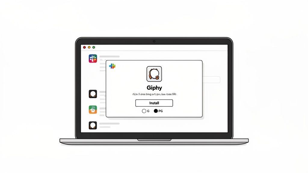 A laptop screen displays the Giphy app installation prompt within a Slack-like application interface.