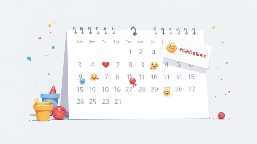 Calendar with emoji stickers and celebrations label showing scheduled events and reminders