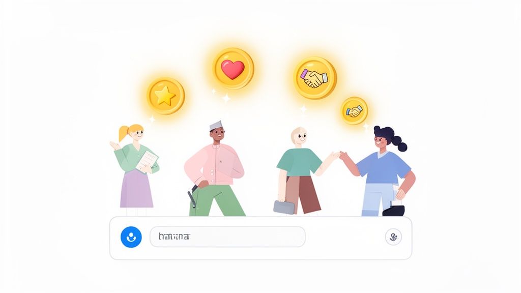 Animated illustration of diverse employees collaborating with glowing appreciation coins and a search interface.