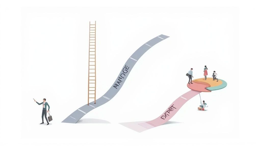 An employee looking at a visual representation of career paths on a clear board.