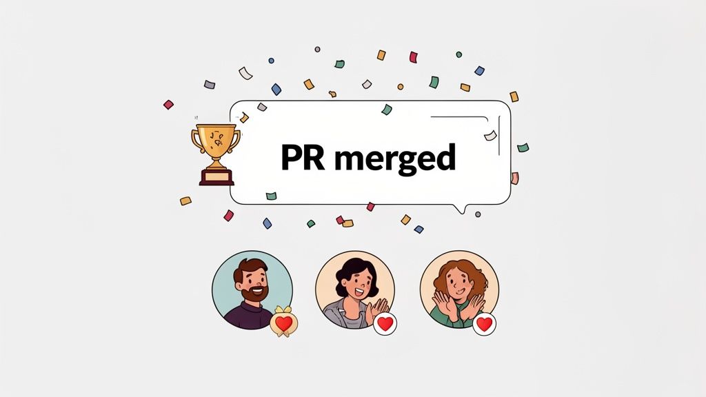 Illustration of a 'PR merged' message with a trophy, confetti, and three smiling team members celebrating.