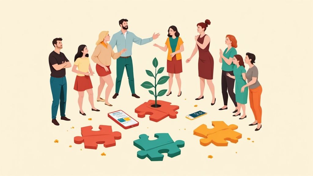 A diverse team laughing together during a casual meeting, showcasing a strong sense of community.