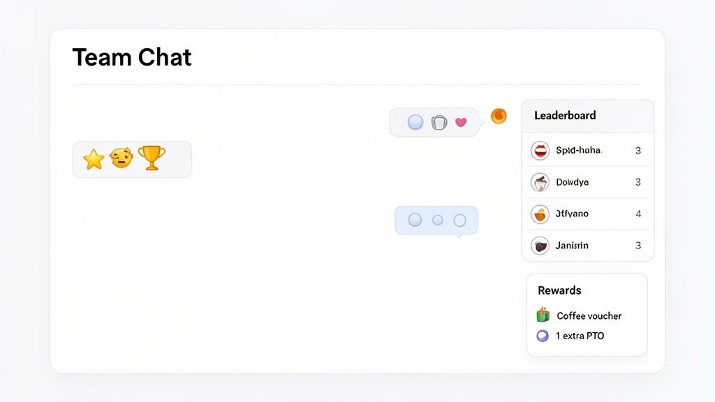 A team chat interface showing message bubbles, emojis, a leaderboard with user scores, and reward options.