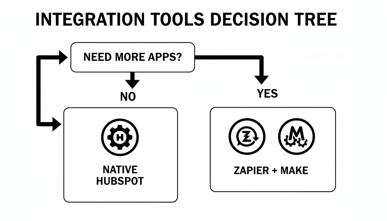 Flowchart outlining integration tool choices, suggesting Native HubSpot or Zapier + Make based on app needs.