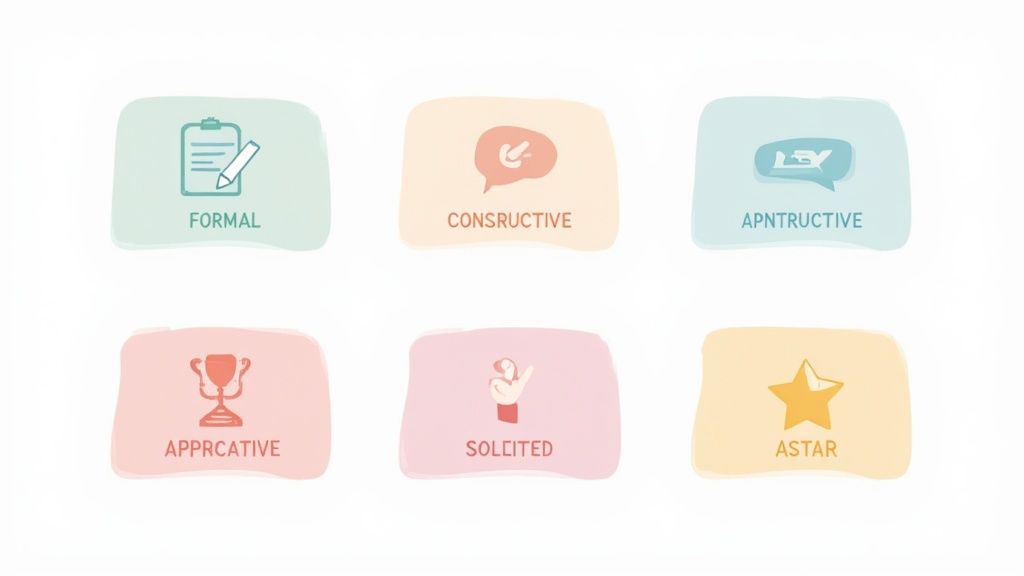 Six colorful rounded icons showing different types of feedback: formal, constructive, apntructive, apprcative, solicited, and astar