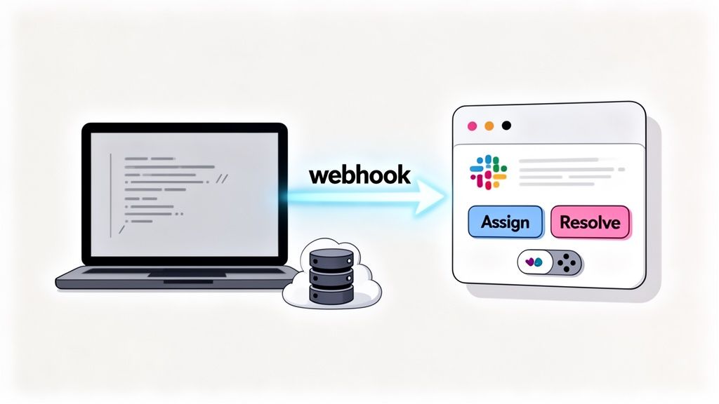 A laptop and database sending data via webhook to a Slack application with action buttons.