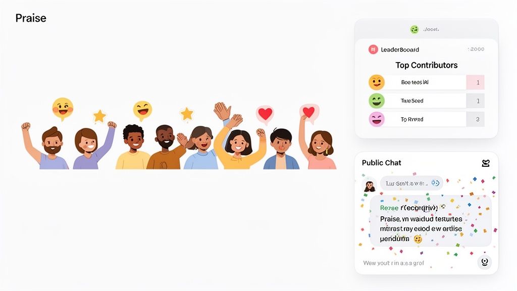 Illustration of diverse people celebrating achievements with a leaderboard and public chat.
