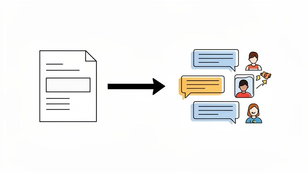 Document icon transforming into chat bubbles and diverse user avatars, illustrating form integration.