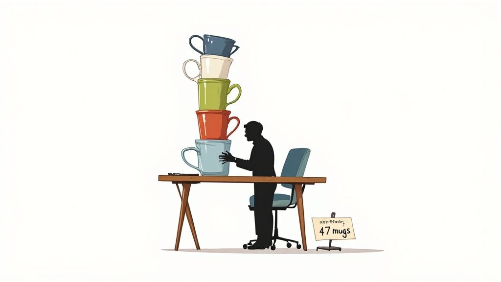 A humorous illustration of an office worker overwhelmed by a towering, unstable stack of coffee mugs.