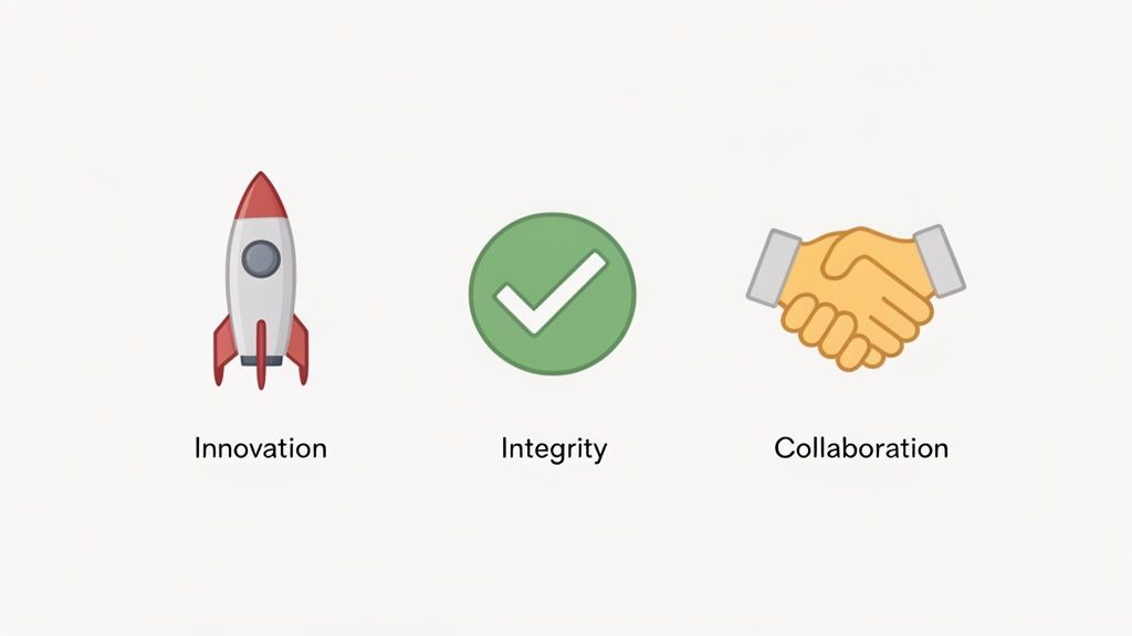 Three icons representing core values: a rocket for innovation, a checkmark for integrity, and a handshake for collaboration.
