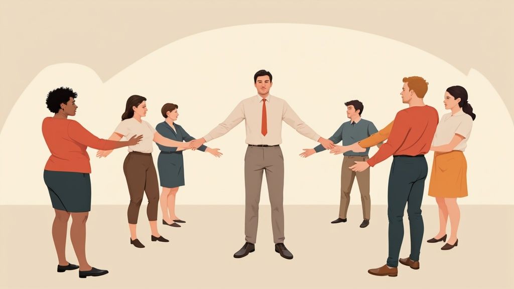 A team collaborates happily in a modern office, showing strong team culture.