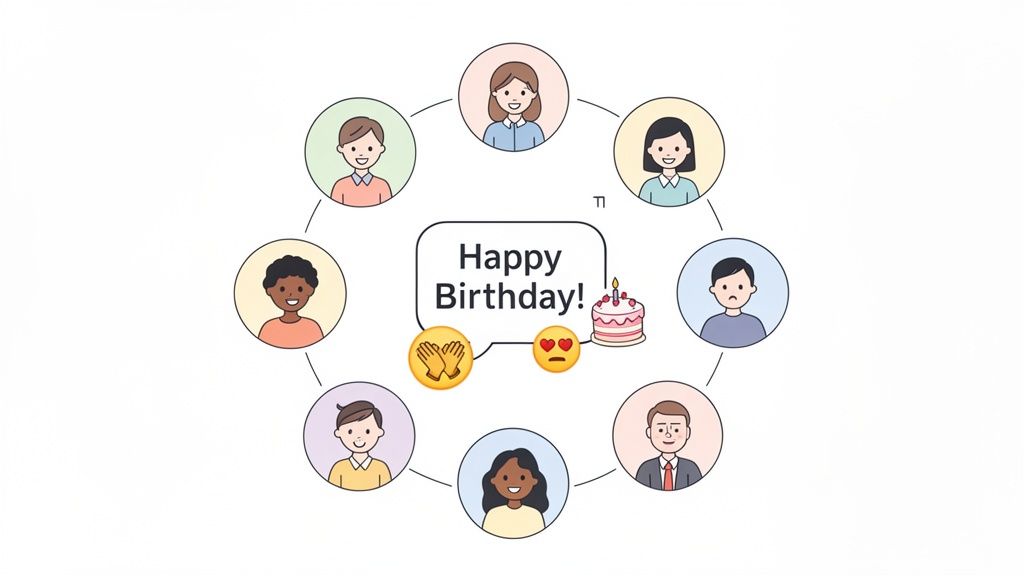 Diverse cartoon people in a circle celebrating a 'Happy Birthday!' message with cake and emojis.